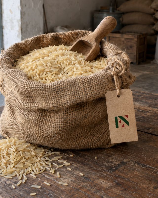 Jute sack of long-grain Saila rice with a wooden scoop and an Eishan Nazari tag