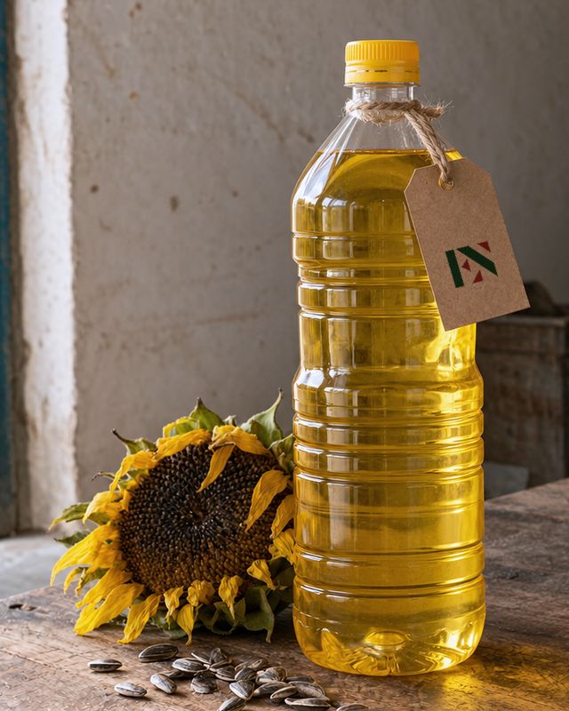 Bottle of sunflower cooking oil beside a sunflower, with an Eishan Nazari tag