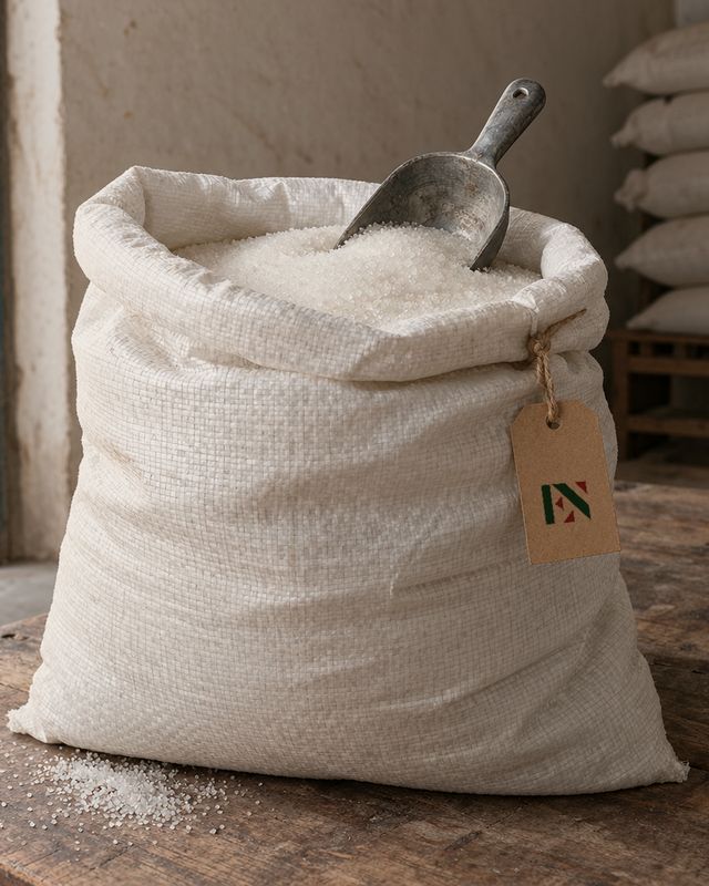 White woven sack of granulated sugar with a scoop and an Eishan Nazari tag