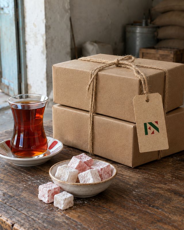 Turkish tea, lokum and kraft boxes tied with twine and an Eishan Nazari tag
